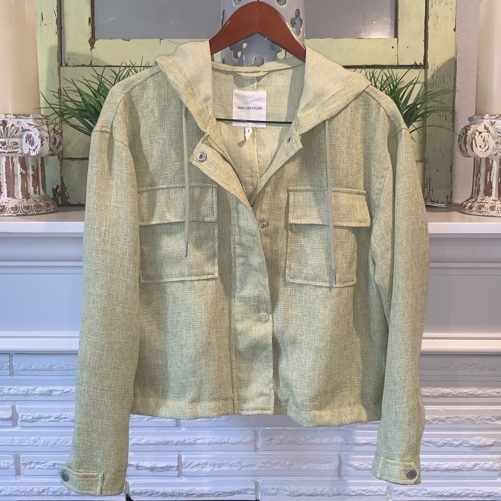 AVEC LES FILLES Green Knit Woven Zip Front Hooded Boxy Utility Jacket Size Large - Picture 2 of 6